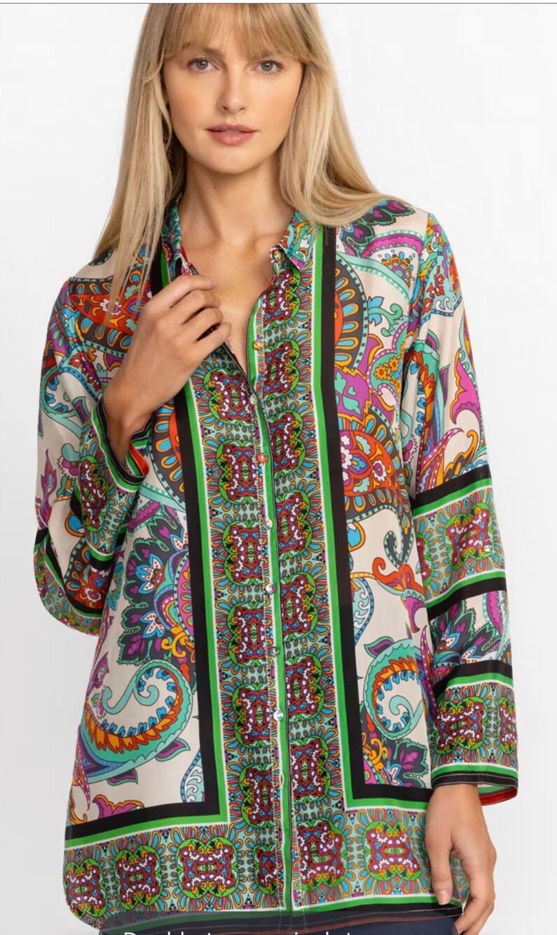 Johnny Was Delia Tunic Paisley Print 100% Silk Button-Front Blouse Top, Small